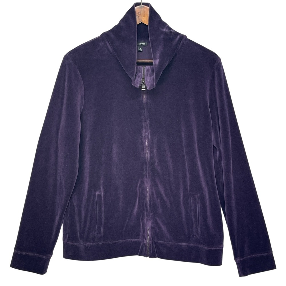 Talbots Purple Velvet Full Zip Jacket Shawl Collar Pockets Women's Medium